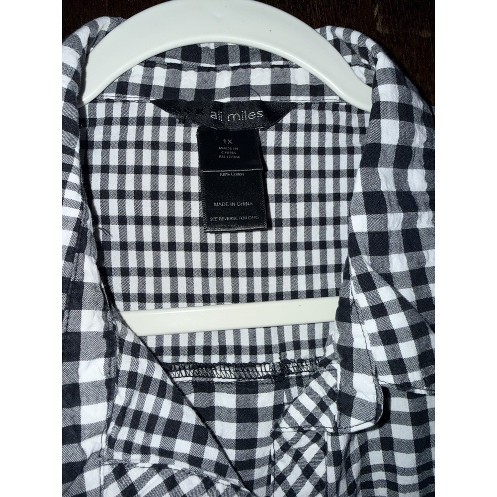 Ali Miles Womens 1X Black White Gingham Check Button Up Shirt Cotton Bohemian - Picture 5 of 7